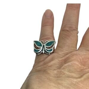 - Sterling silver coral turquoise inlay butterfly ring